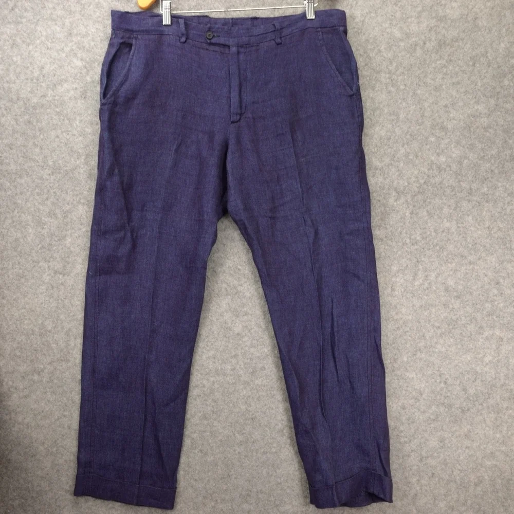 Italian European Linen Pants Mens XXL Blue Cuffed Trousers Summer PEPITOS 39x31